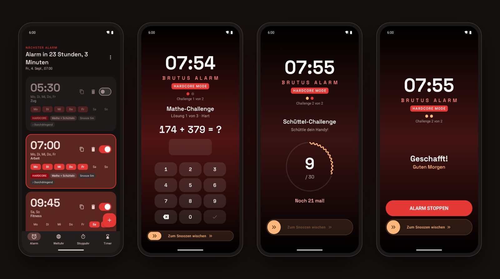 Four screens in the German UI: the alarm list, a math challenge, a shake challenge and the finished alarm